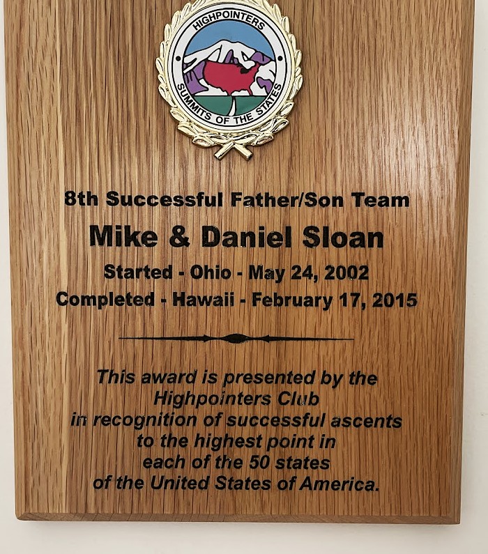 Highpointers Club plaque — 8th Successful Father/Son Team, Mike & Daniel Sloan, 2002–2015
